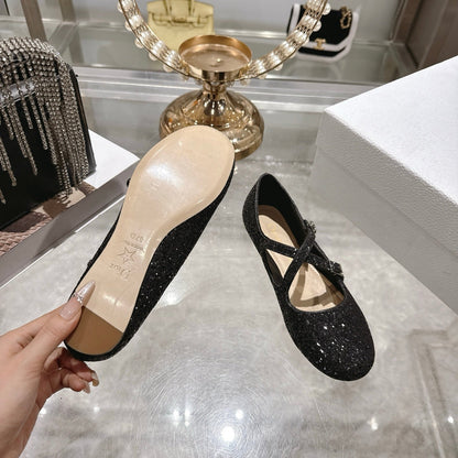 CD Very Ballet Flat Black Lambskin & Glitter 598163