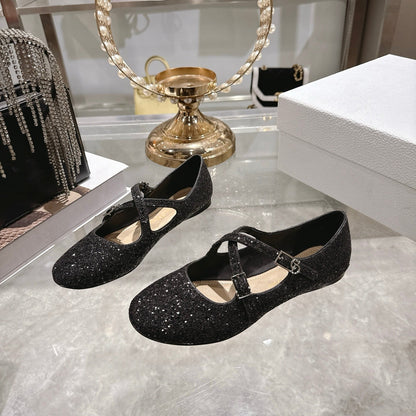 CD Very Ballet Flat Black Lambskin & Glitter 598163