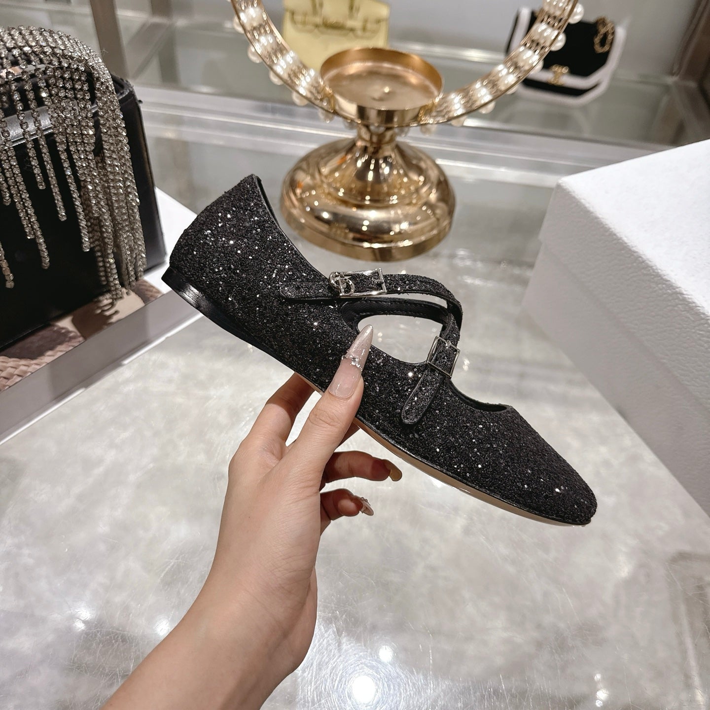 CD Very Ballet Flat Black Lambskin & Glitter 598163