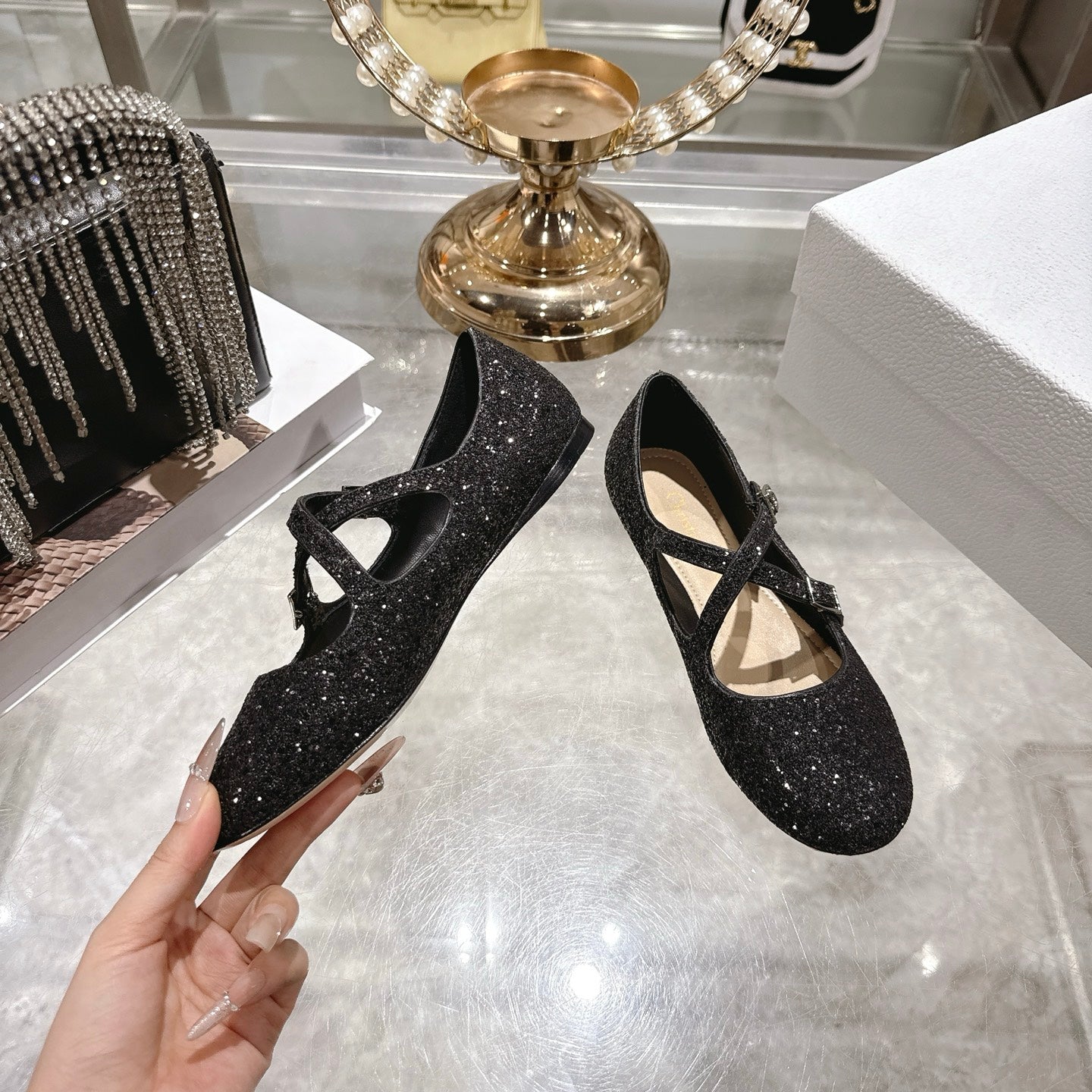 CD Very Ballet Flat Black Lambskin & Glitter 598163