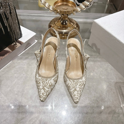 CD 26 Slingback Metallic Floral Embroidery 45mm Ivory Gold Tweed 592234