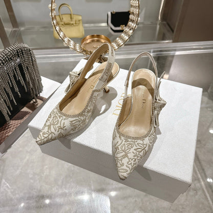 CD 26 Slingback Metallic Floral Embroidery 45mm Ivory Gold Tweed 592234