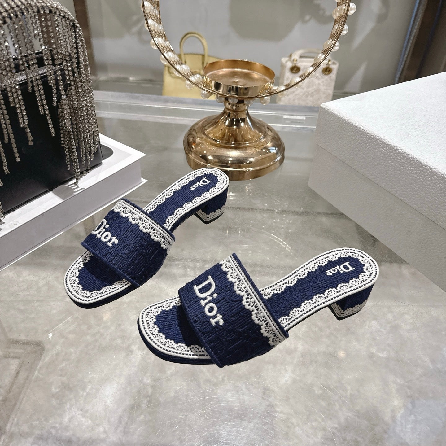 CD 26 Embroidered Sandals 45mm Dark Blue White Canvas 592238