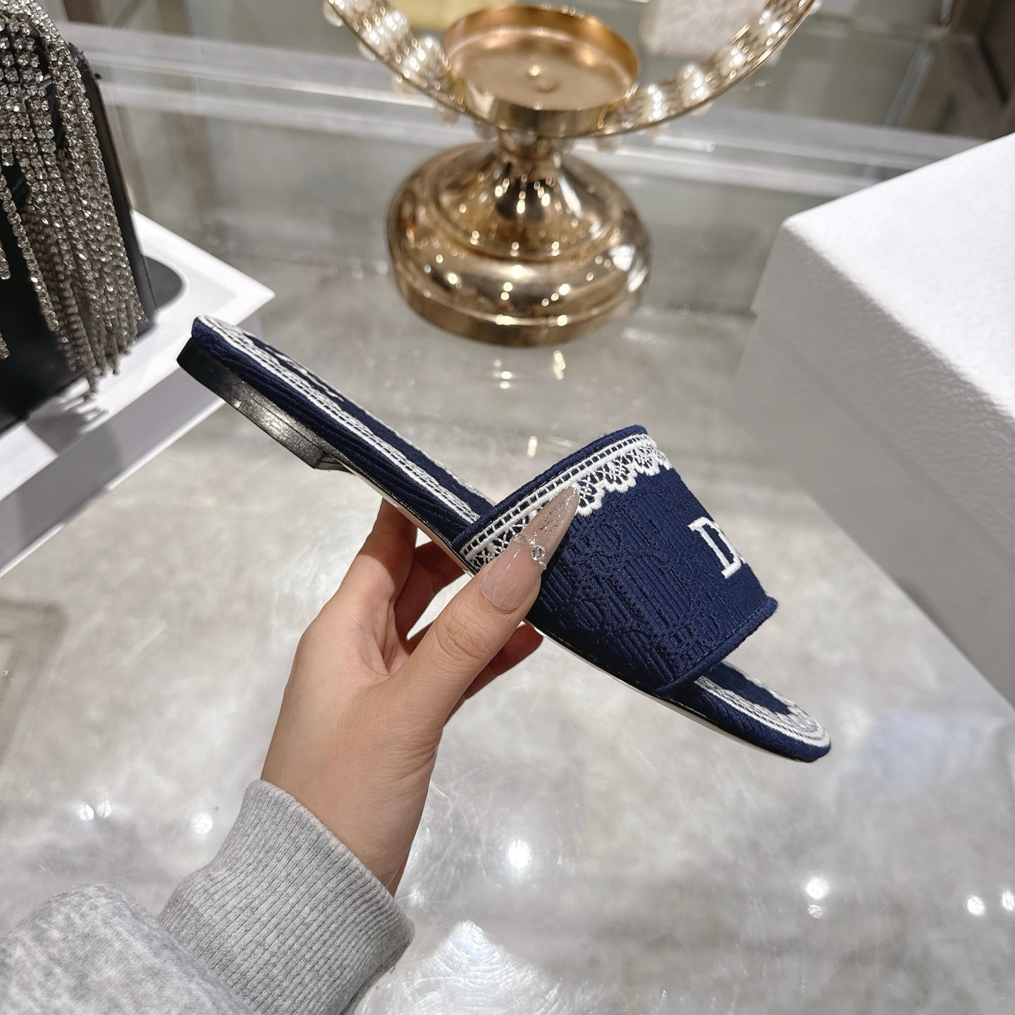 CD 26 Embroidered Sandals Blue White Canvas 592244