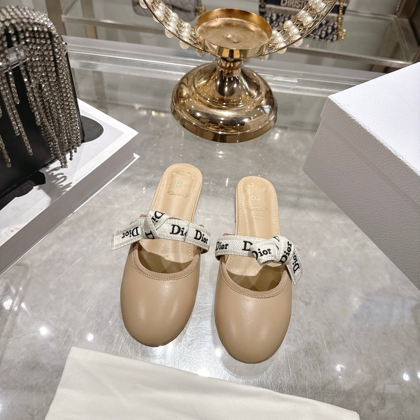 CD 26 Bow Flat Mules Embroidered Sheepskin