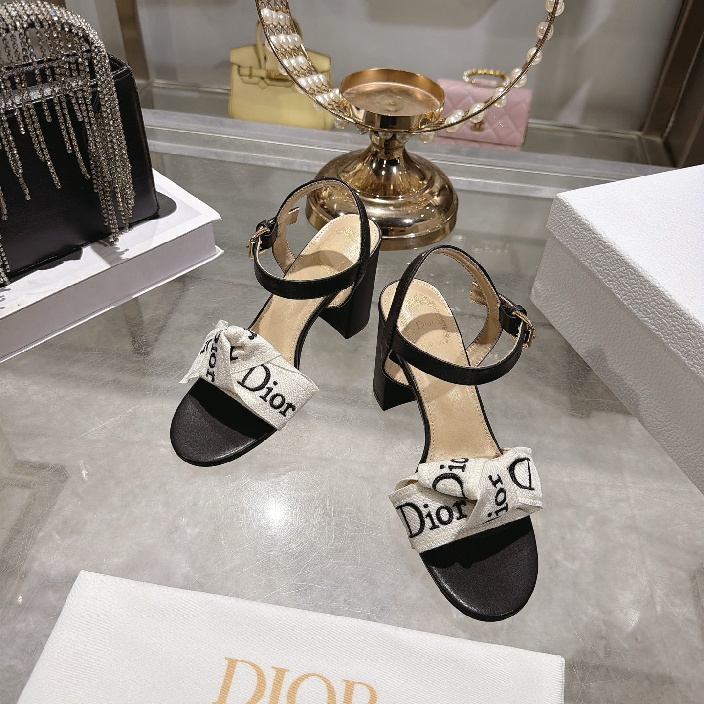 CD J'Adior Sandals White Black Canvas Leather 901708