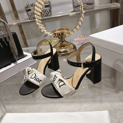 CD J'Adior Sandals White Black Canvas Leather 901708