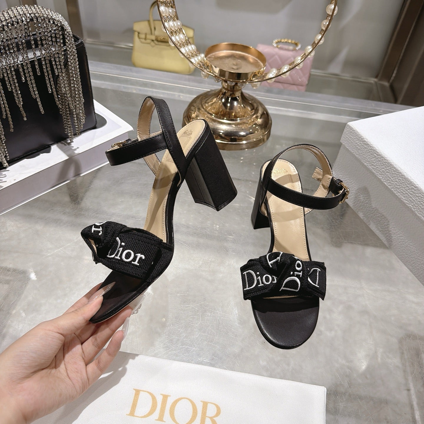 CD J'Adior Sandals Black Canvas Leather 901710