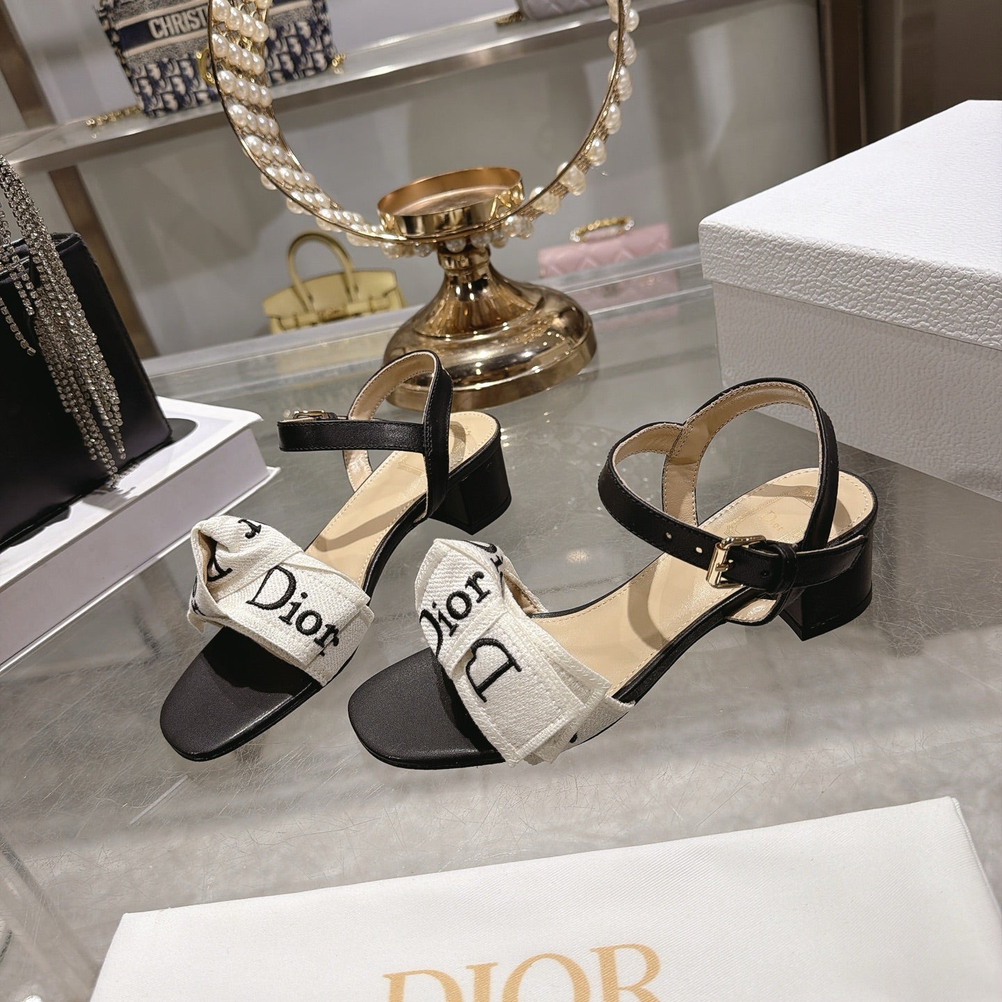 CD J'Adior Sandals White Black Canvas Leather 901712