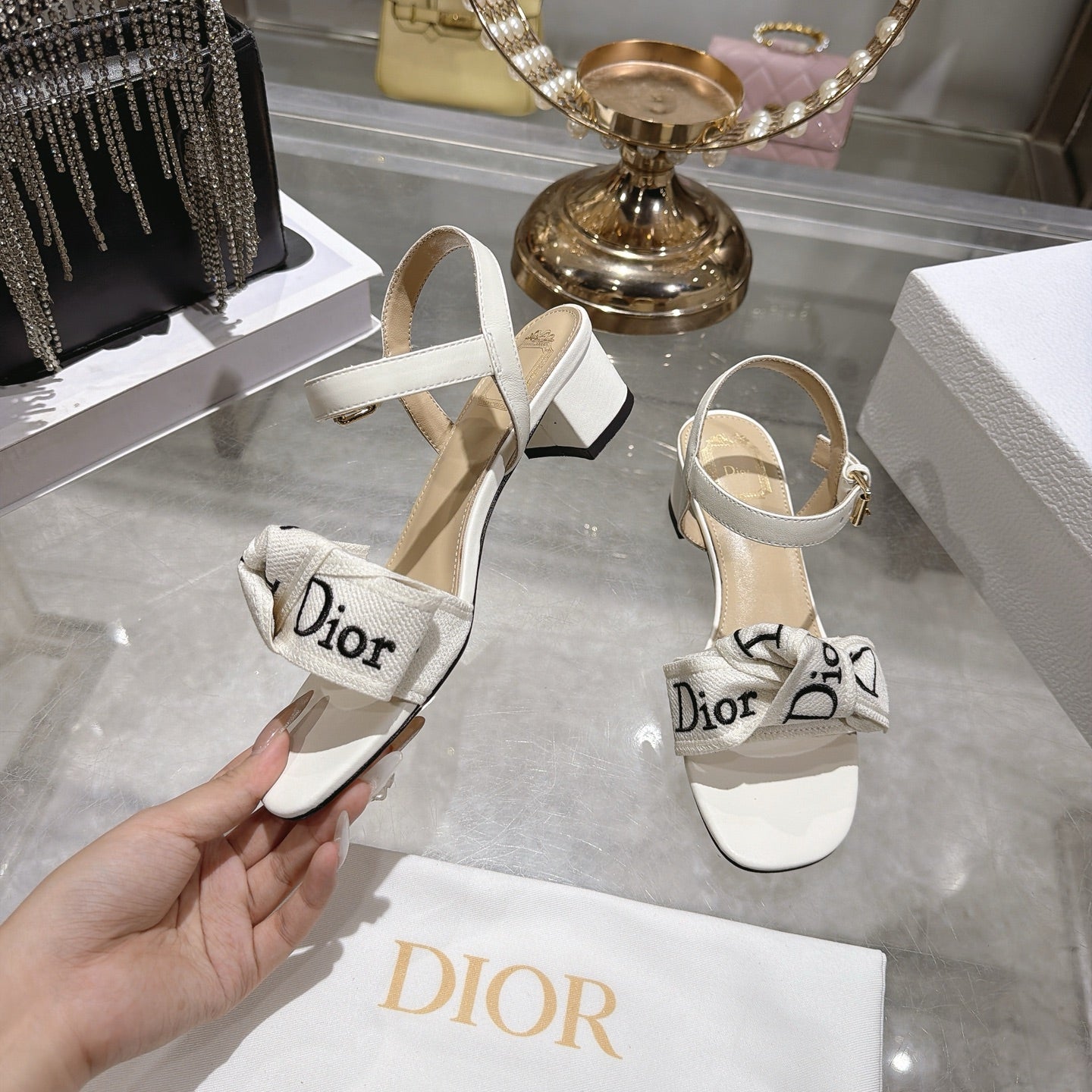 CD J'Adior Sandals White Canvas Leather 901713
