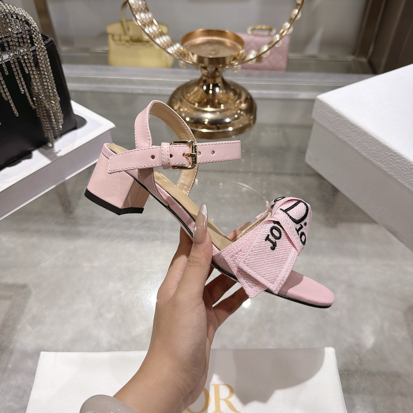 CD J'Adior Sandals Light Pink Canvas Leather 901715