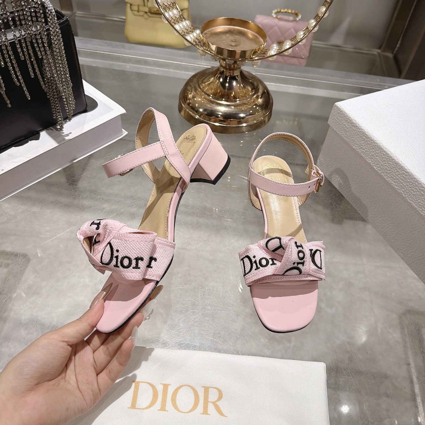 CD J'Adior Sandals Light Pink Canvas Leather 901715