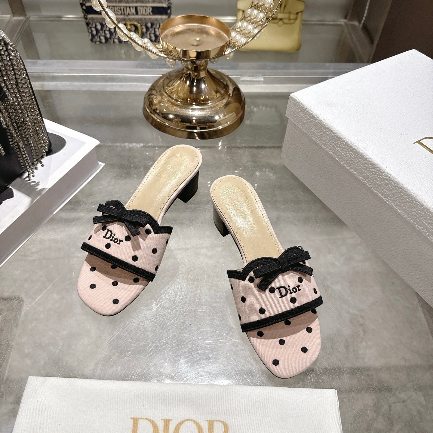 CD Dway Sandal 3.5cm PolkaDior Light Pink Motif Cotton Leather 951357