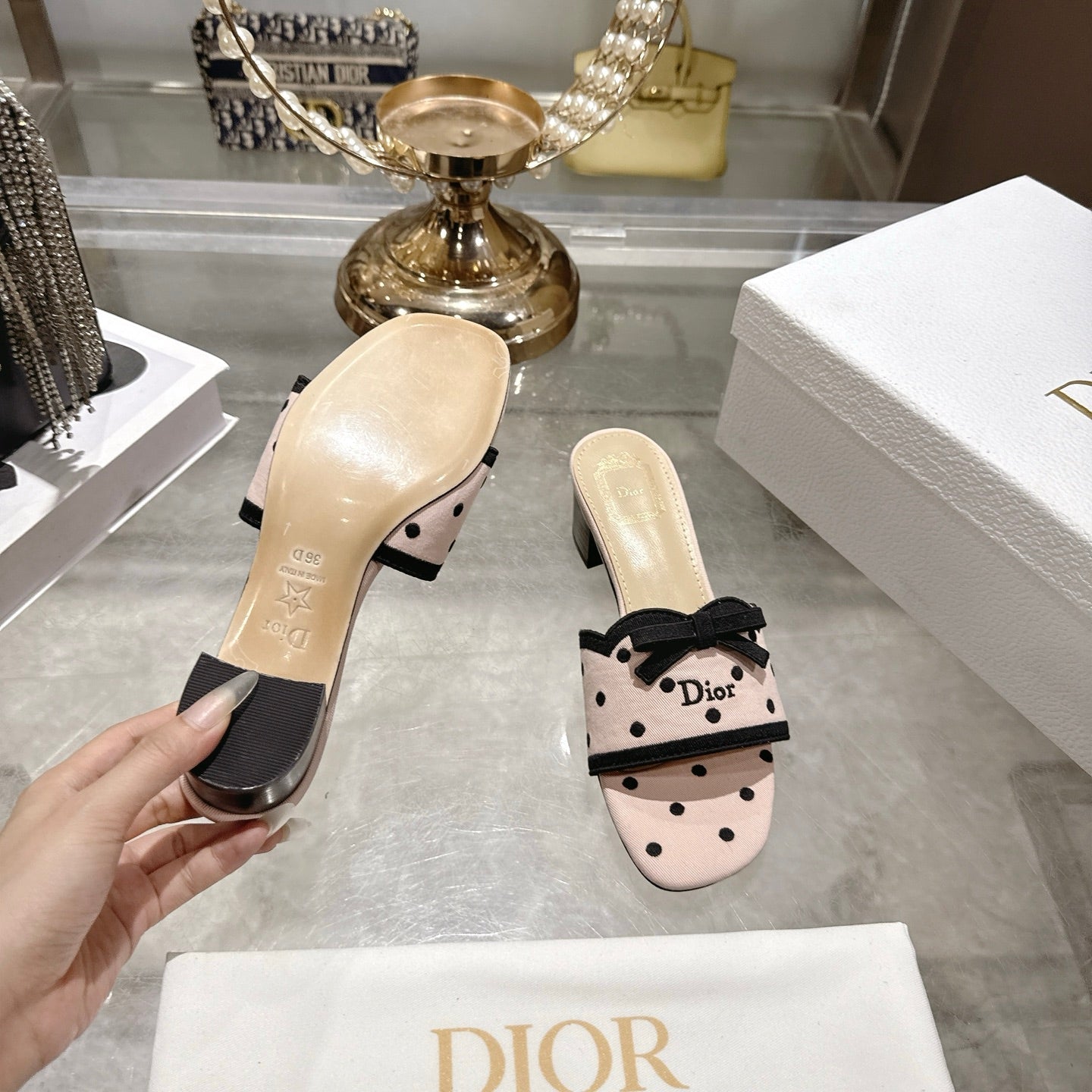 CD Dway Sandal 3.5cm PolkaDior Light Pink Motif Cotton Leather 951357