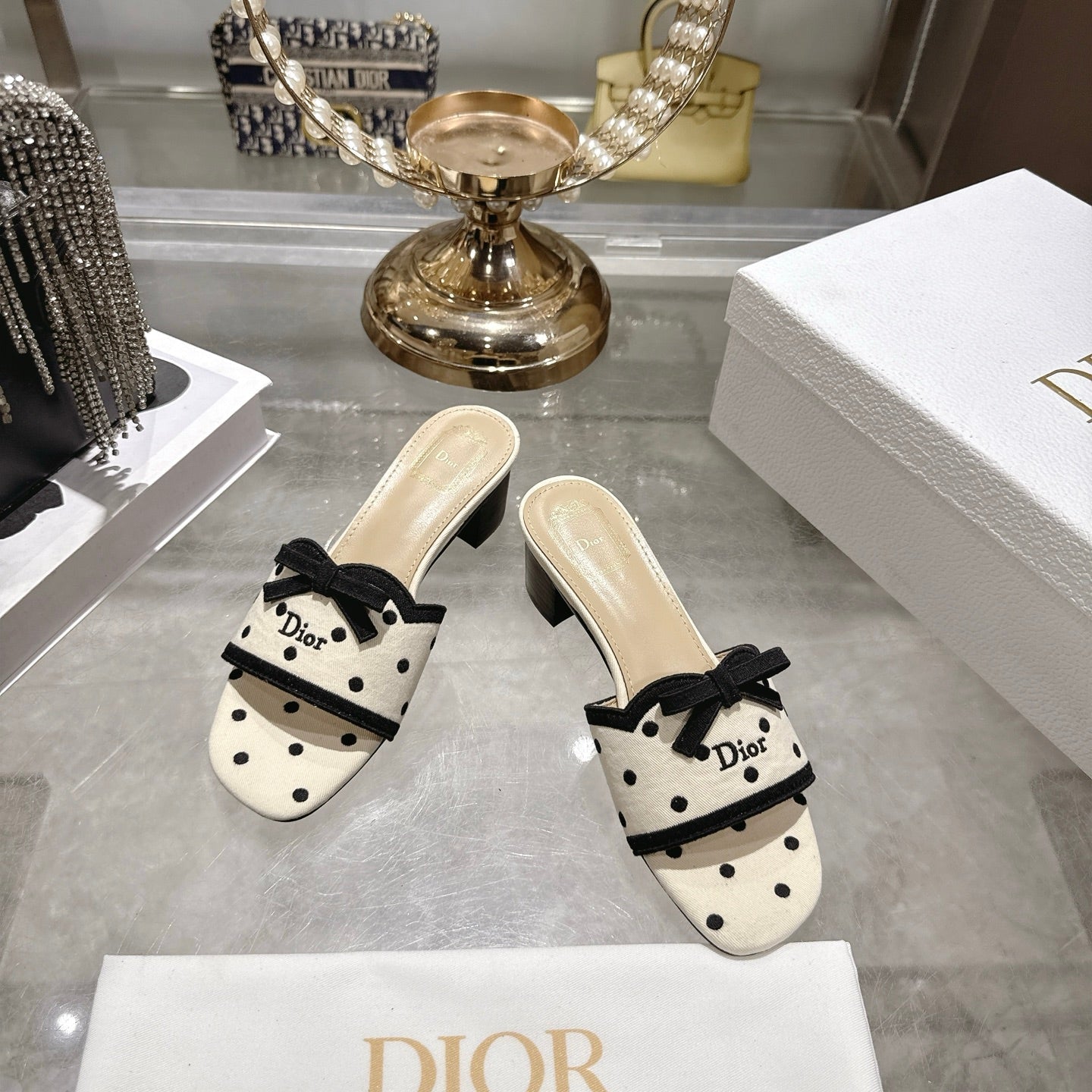 CD Dway Sandal 3.5cm PolkaDior Cream Motif Cotton Leather 951359