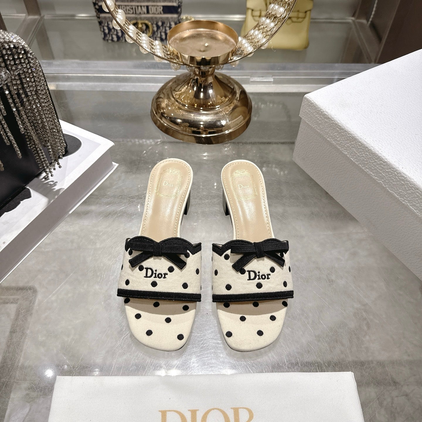 CD Dway Sandal 3.5cm PolkaDior Cream Motif Cotton Leather 951359