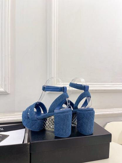 CC 26s HighHeeled Platform Sandals 85 Dark Blue Denim 631871