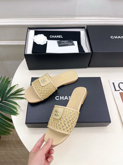 Chanel 2026  Woven Flat Slippers Leather Sheepskin 831405