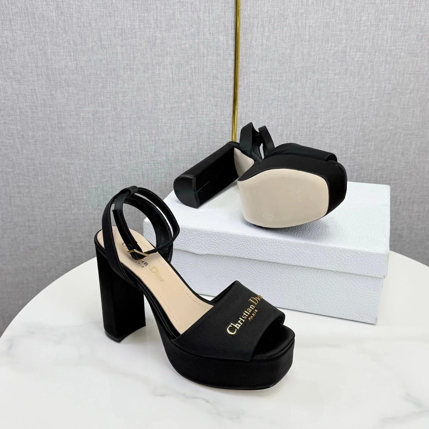 CD 26s Platform Sandals 80 Black Beige Satin Sheepskin 640230