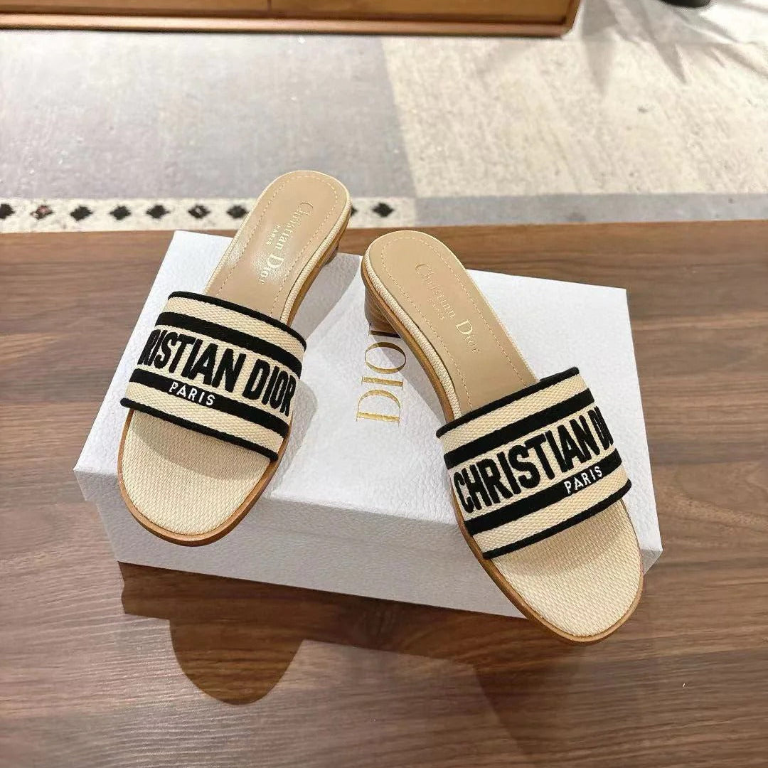 CD 26s Embroidered Sandals Beige Black Canvas Sheepskin 664322