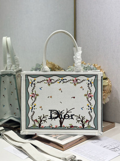 Dior 2026 Book Tote Bag With Multicolored White Revolution Flowers Embroidery Canvas