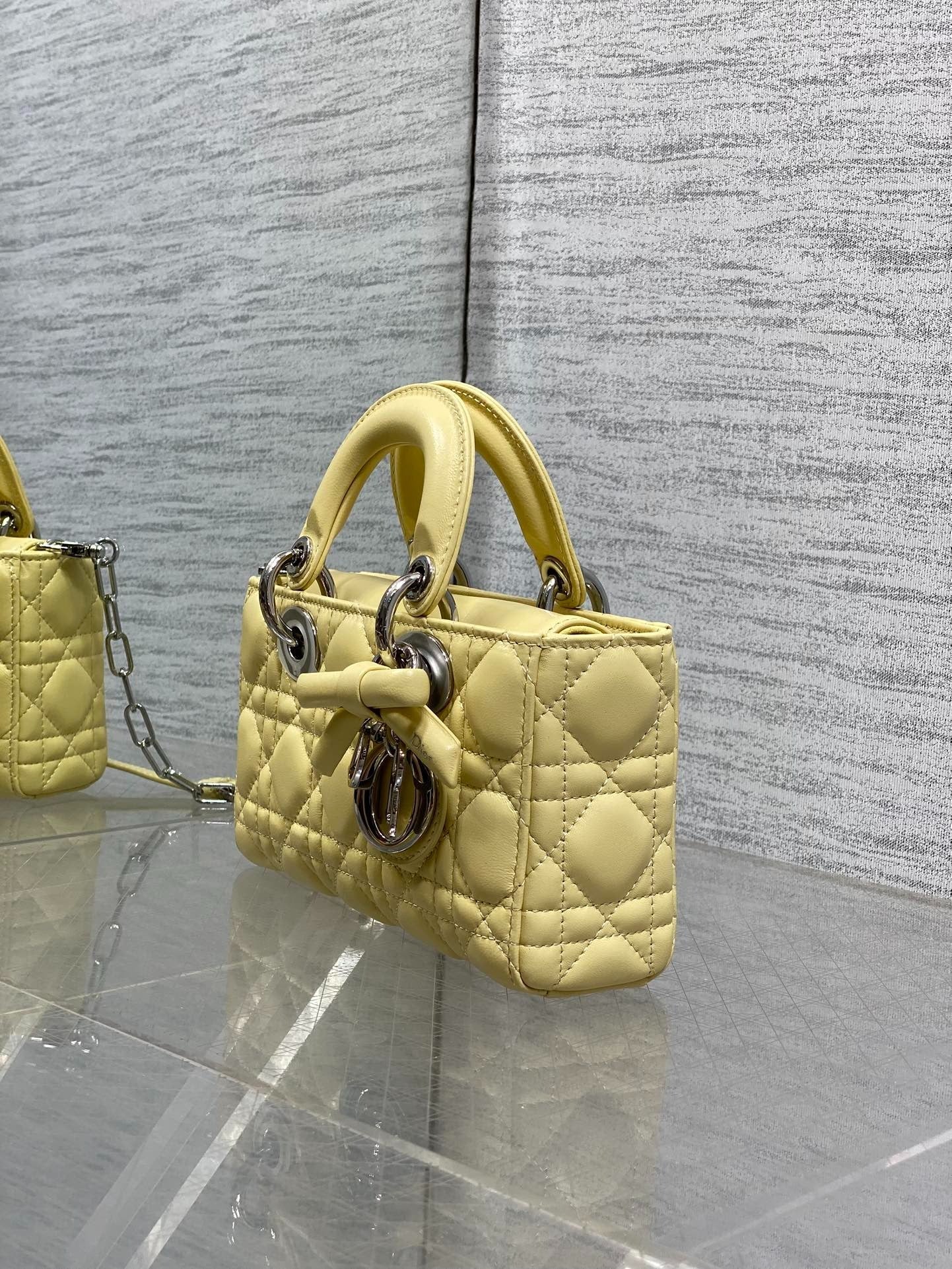 CD 2026 Bow Lady D-Joy 19cm Yellow Cannage Lambskin With Silver Charm 286561