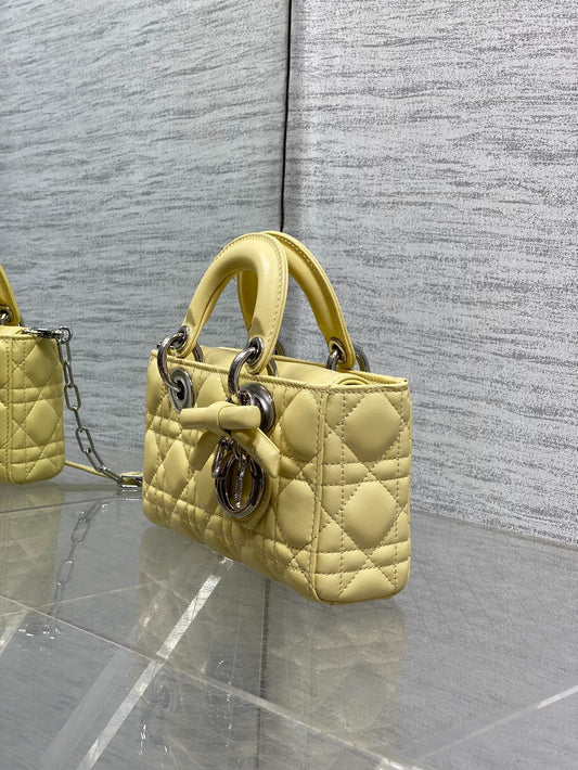 CD 2026 Bow Lady D-Joy 19cm Yellow Cannage Lambskin With Silver Charm 286561
