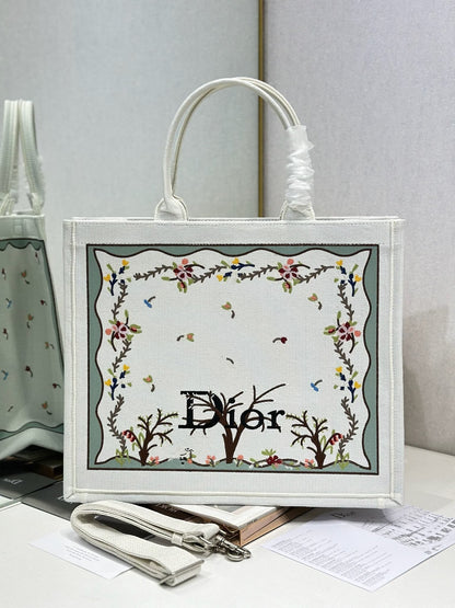 Dior 2026 Book Tote Bag With Multicolored White Revolution Flowers Embroidery Canvas