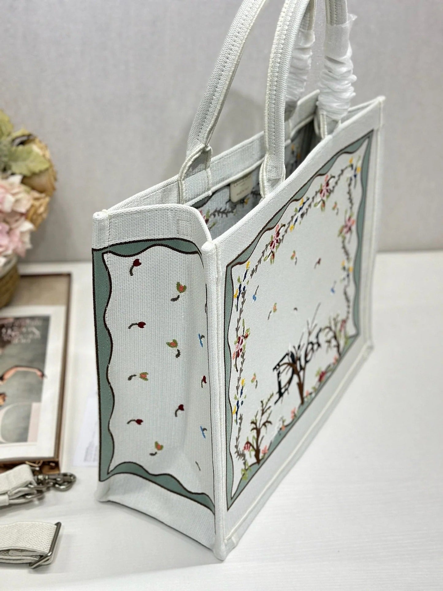 Dior 2026 Book Tote Bag With Multicolored White Revolution Flowers Embroidery Canvas