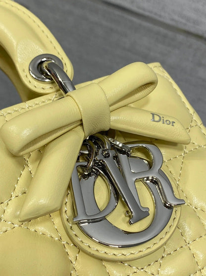 CD 2026 Bow Lady D-Joy 19cm Yellow Cannage Lambskin With Silver Charm 286561