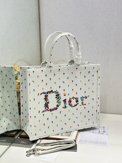 CD 2026 Book Tote Bag White Multicolor Revolution Flowers Embroidery Canvas 288406