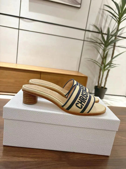 CD 26s Embroidered Sandals Beige Navy Blue Canvas Sheepskin 664321