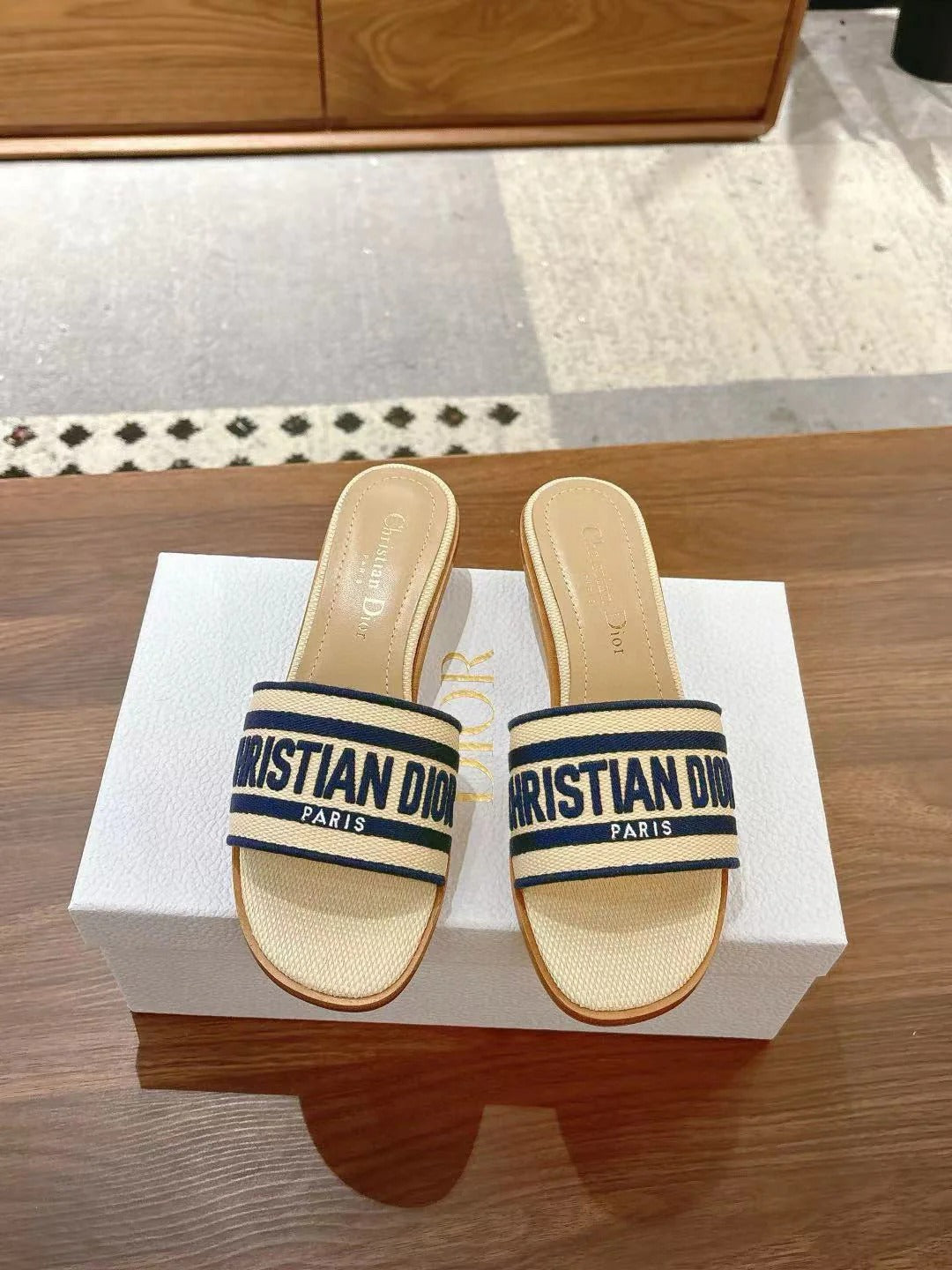 CD 26s Embroidered Sandals Beige Navy Blue Canvas Sheepskin 664321