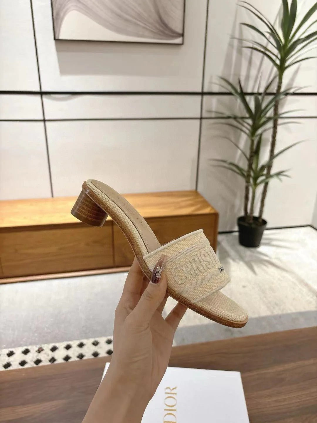 CD 26s Embroidered Sandals Beige Canvas Sheepskin 664323