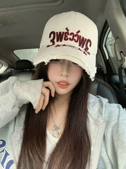Distressed Washed Frayed-edge Lettered Cap